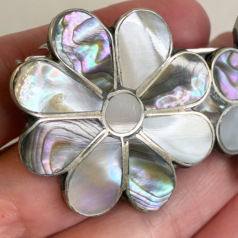 Vintage Alpaca Mexico Abalone Shell Flower Hair Barrette Silver Tone Boho Clip